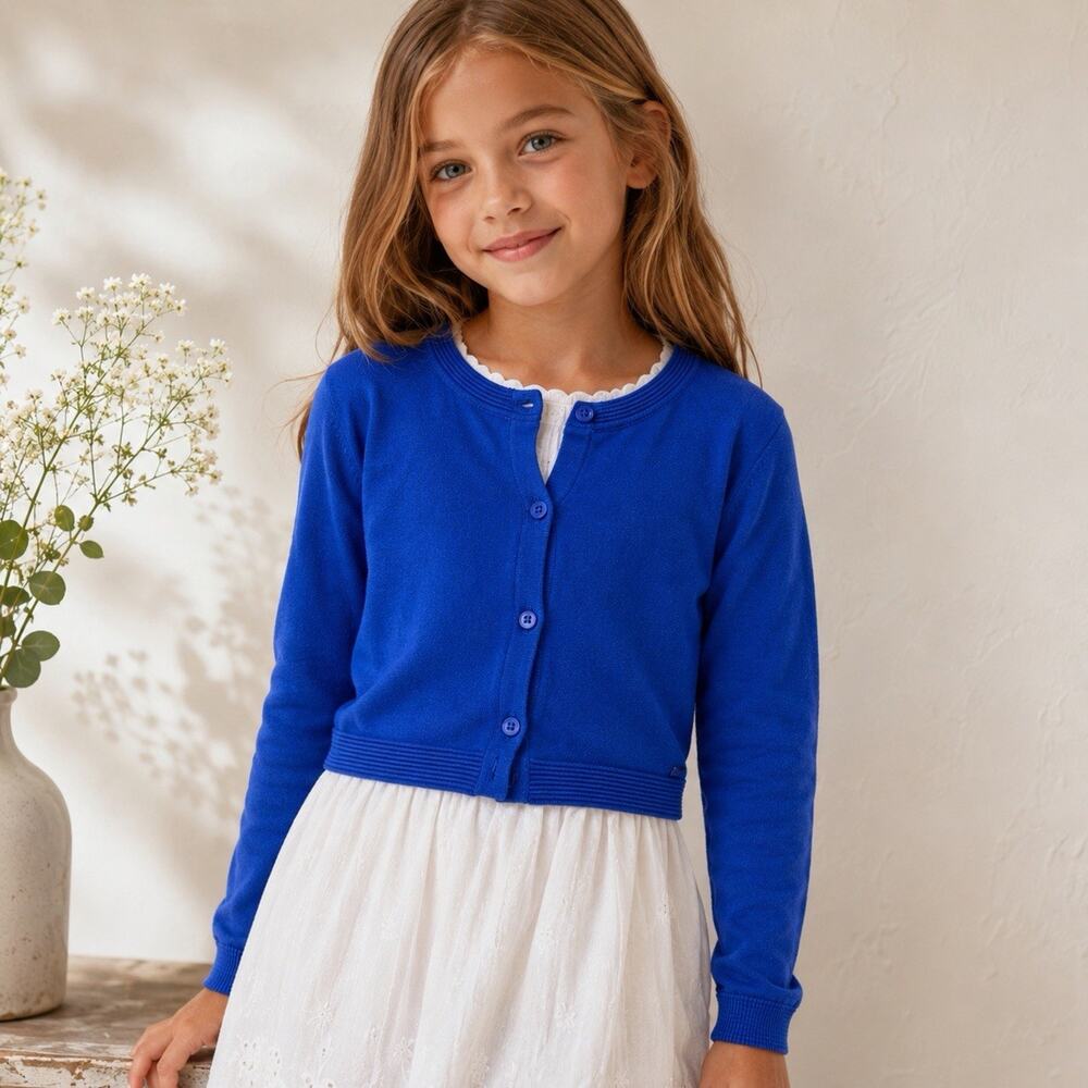 Mayoral Girls Basic Knit Cardigan Sweater Royal Blue Button Front Size 7 122 NWT